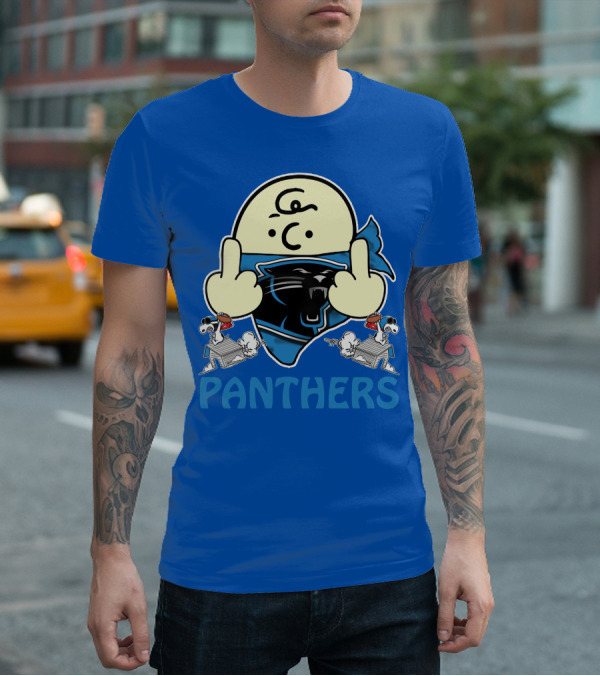 Carolina Panthers Bold Cartoon Character With Snoopy Imagery Middle Finger Salute T-Shirt