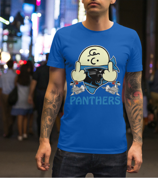 Carolina Panthers Bold Cartoon Character With Snoopy Imagery Middle Finger Salute T-Shirt