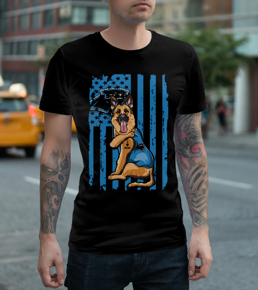 German Shepherd I Love Mom Carolina Panthers Blue American Flag T-Shirt