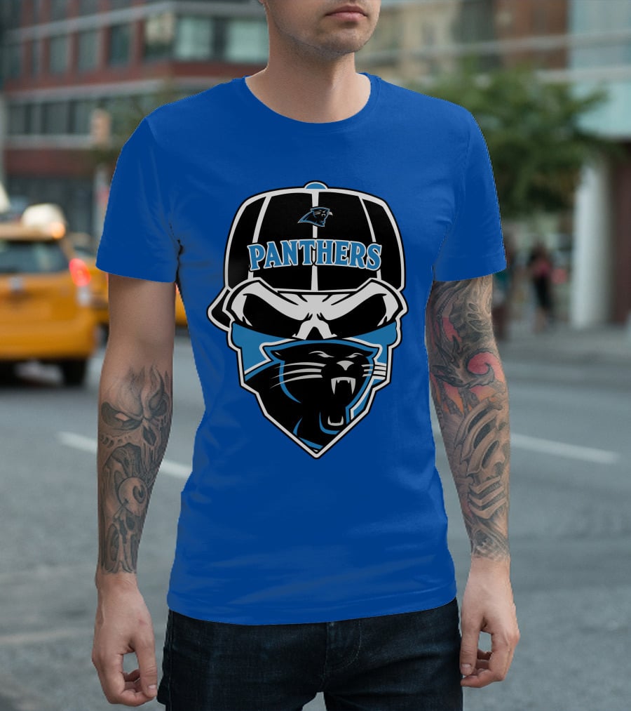 Carolina Panthers Logo And Skull With Bandana T-Shirt