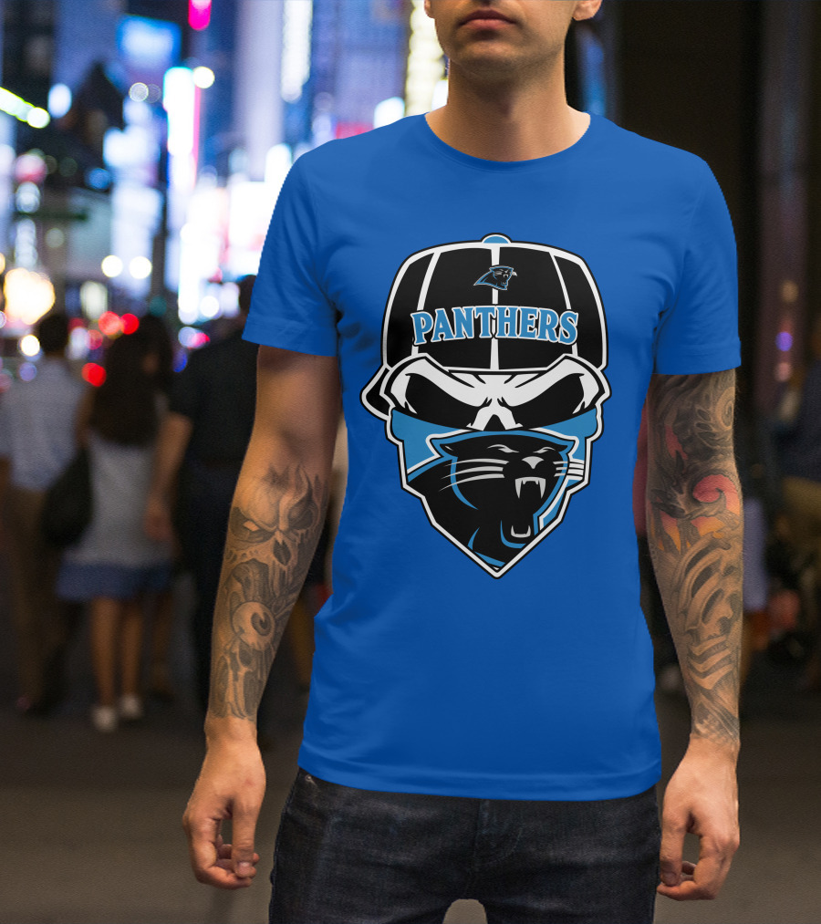 Carolina Panthers Logo And Skull With Bandana T-Shirt