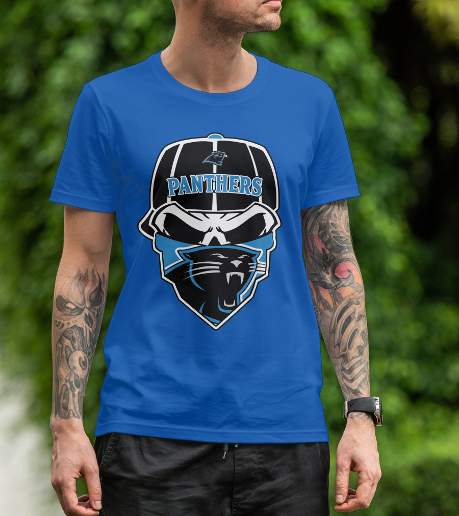 Carolina Panthers Logo And Skull With Bandana T-Shirt