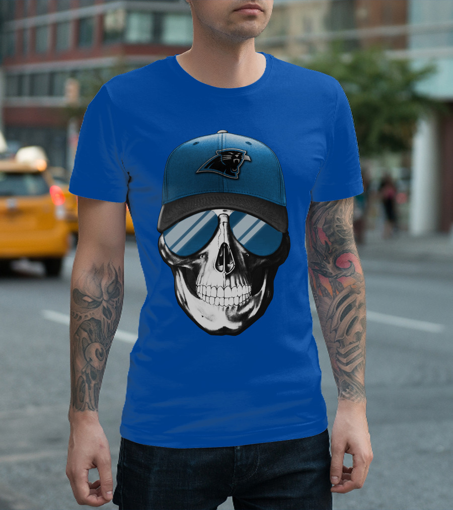 Skull Wearing Carolina Panthers Logo Hat With Reflective Sunglasses T-Shirt