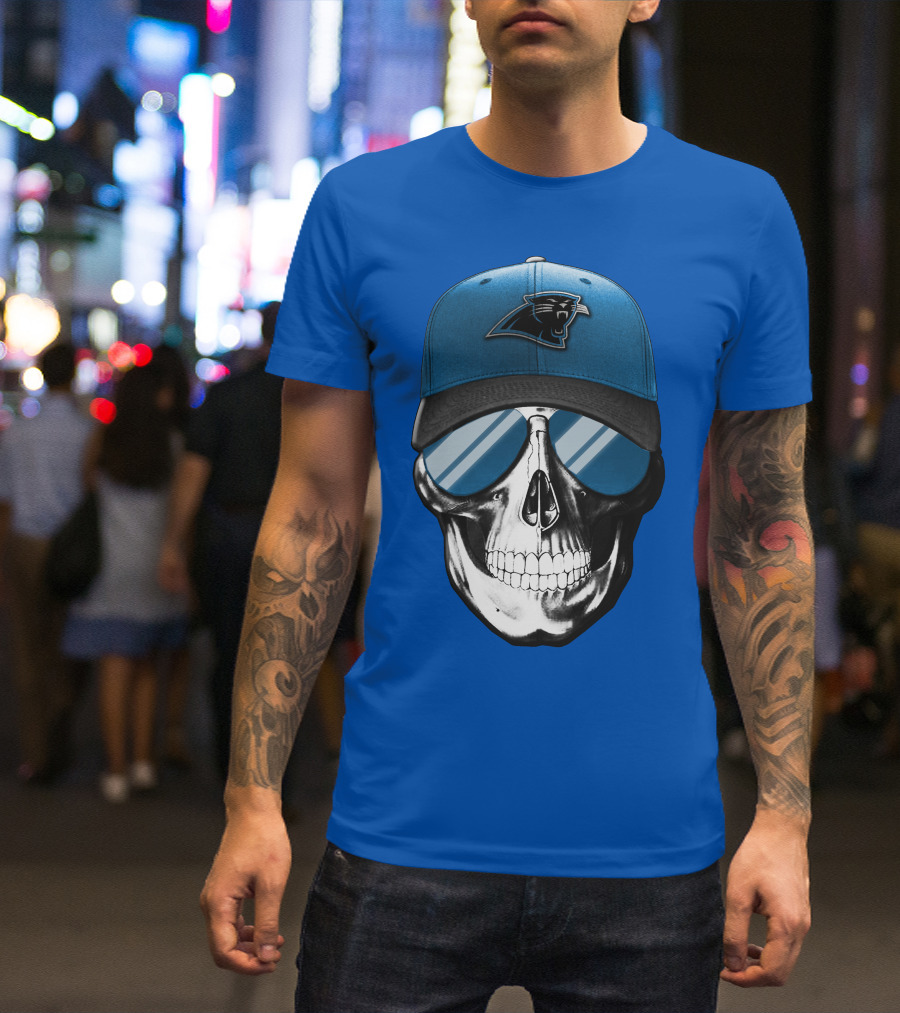 Skull Wearing Carolina Panthers Logo Hat With Reflective Sunglasses T-Shirt