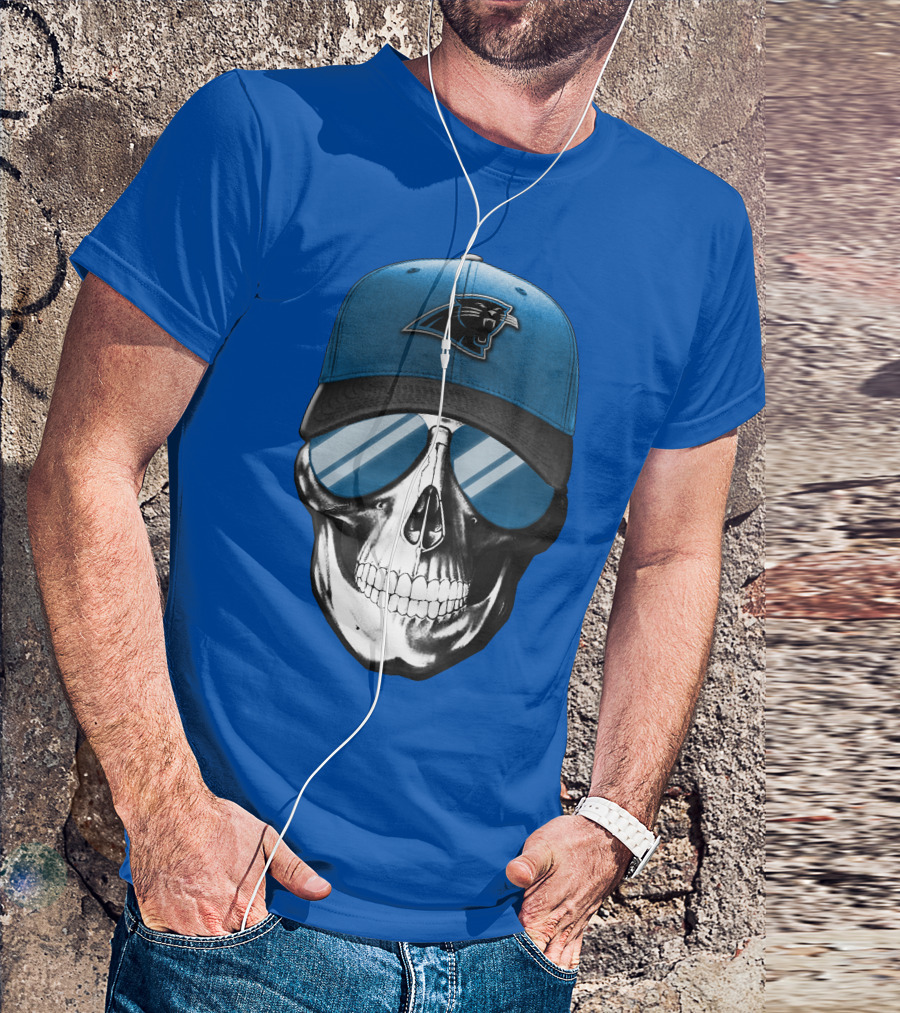 Skull Wearing Carolina Panthers Logo Hat With Reflective Sunglasses T-Shirt