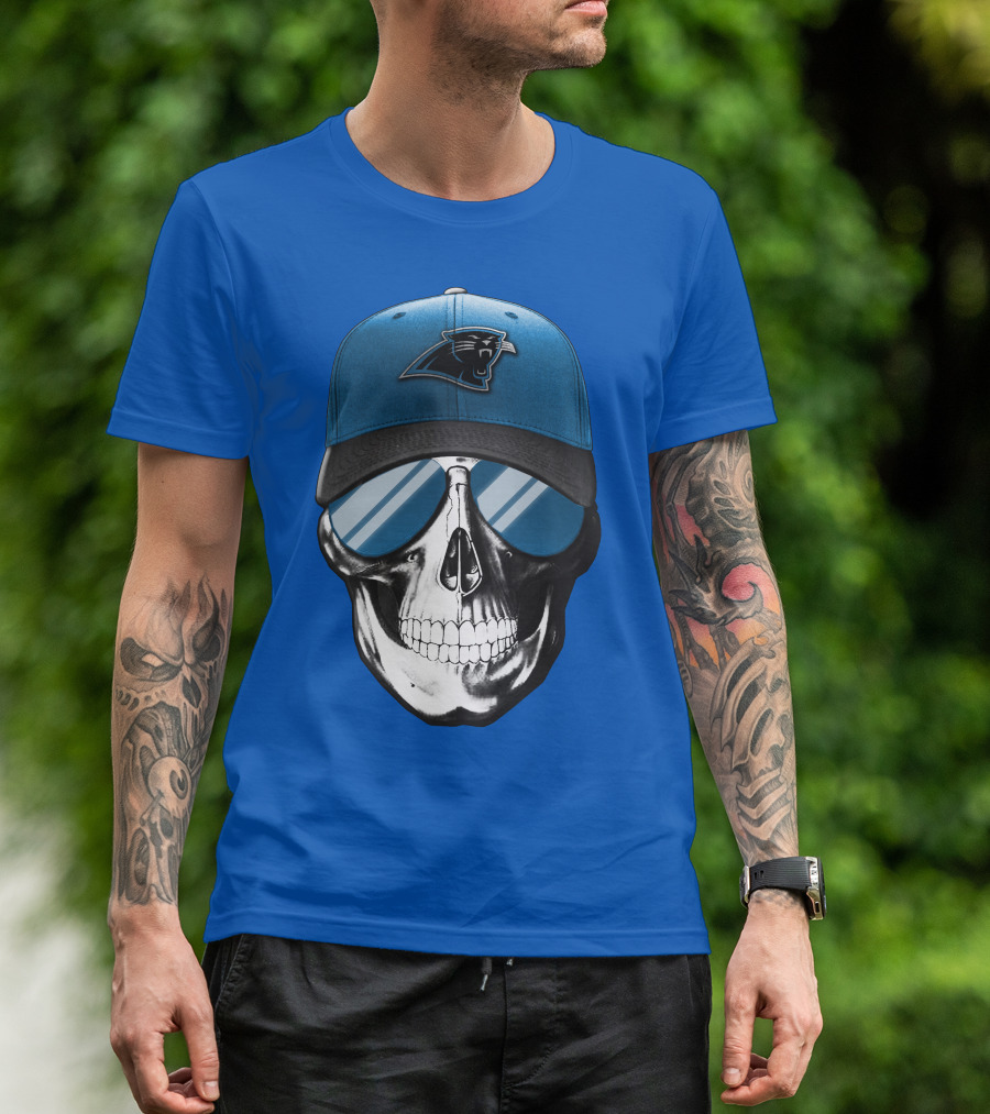 Skull Wearing Carolina Panthers Logo Hat With Reflective Sunglasses T-Shirt