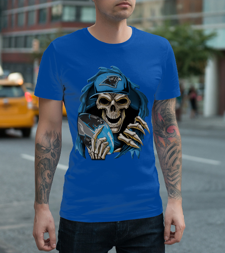 Skullbong Carolina Panthers Skeleton With Football And Team Cap T-Shirt