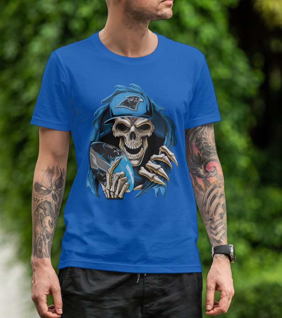 Skullbong Carolina Panthers Skeleton With Football And Team Cap T-Shirt