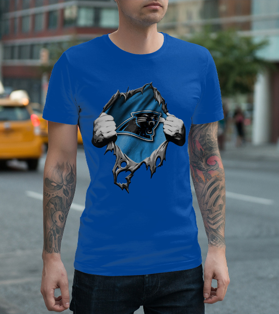 Torn Carolina Panthers Logo With Ripped Fabric And Clenched Hands T-Shirt
