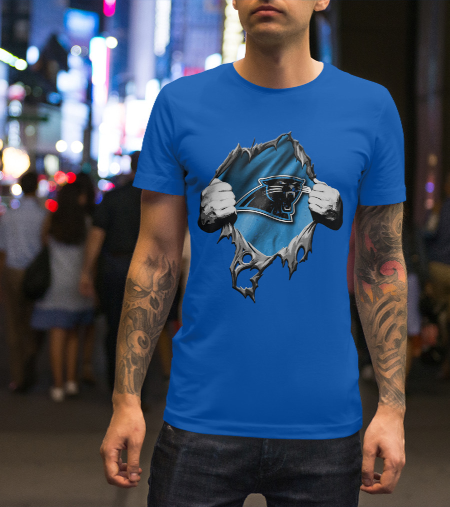 Torn Carolina Panthers Logo With Ripped Fabric And Clenched Hands T-Shirt