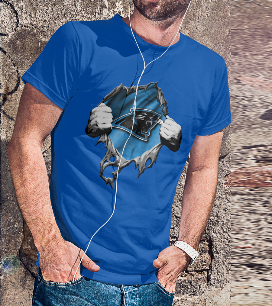 Torn Carolina Panthers Logo With Ripped Fabric And Clenched Hands T-Shirt