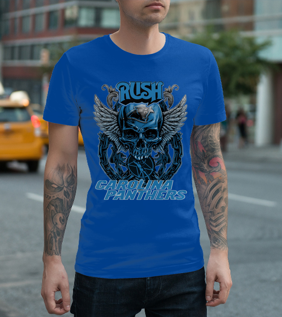 RUSH CAROLINA PANTHERS Skull Wings Helmet Chain T-Shirt