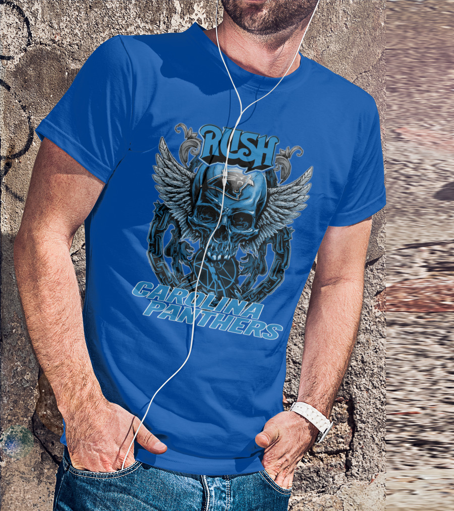 RUSH CAROLINA PANTHERS Skull Wings Helmet Chain T-Shirt