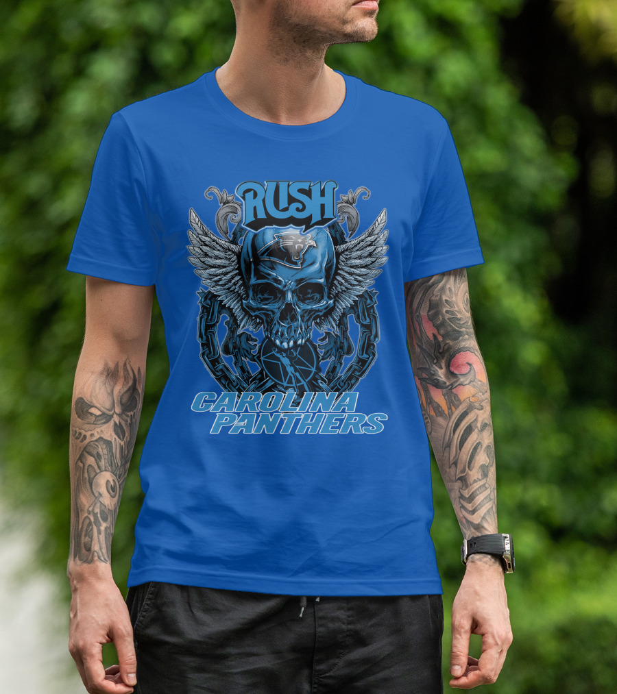 RUSH CAROLINA PANTHERS Skull Wings Helmet Chain T-Shirt