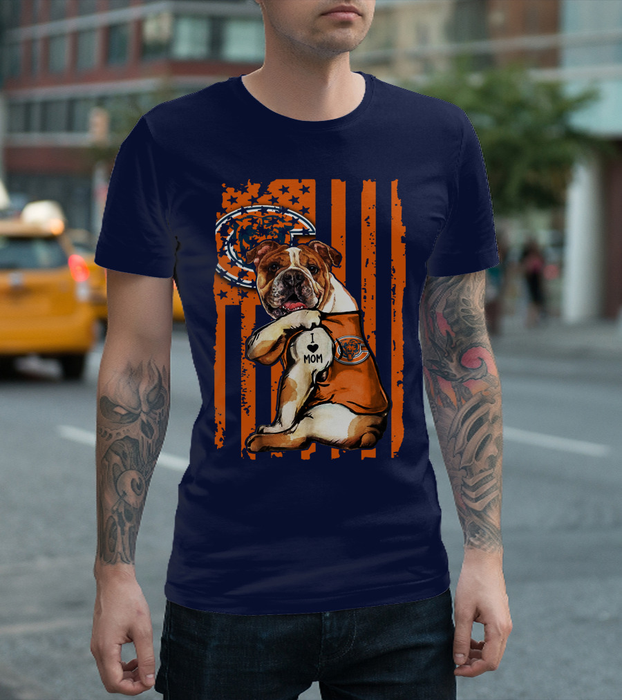 Bulldog I Love Mom Chicago Bears Orange And Blue Stripes T-Shirt