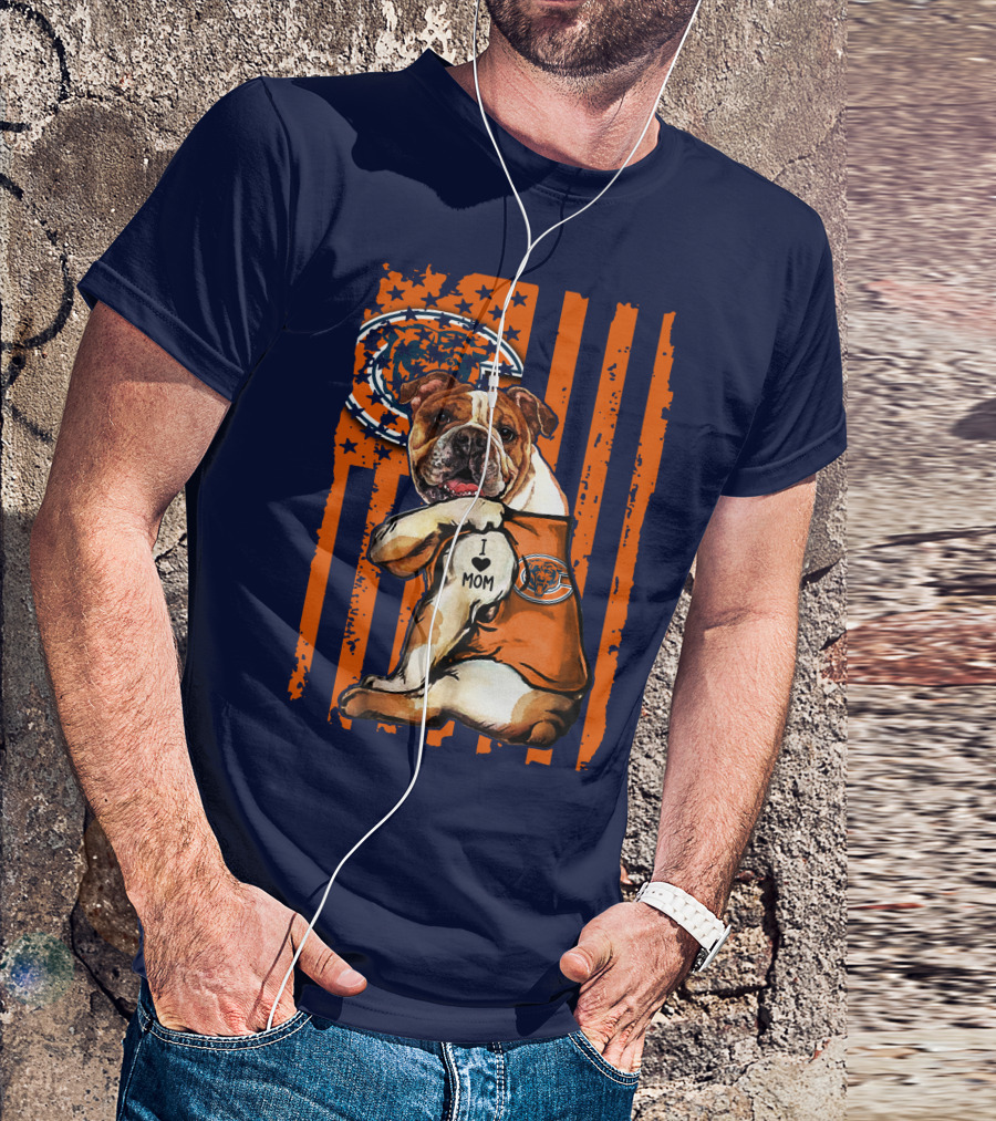 Bulldog I Love Mom Chicago Bears Orange And Blue Stripes T-Shirt