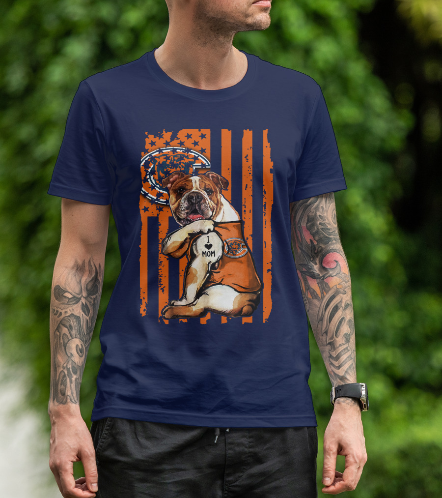 Bulldog I Love Mom Chicago Bears Orange And Blue Stripes T-Shirt