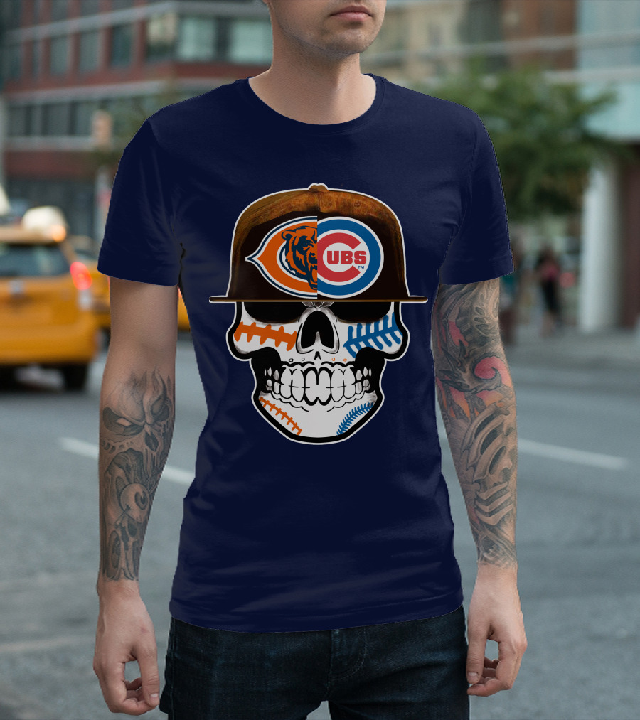 Chicago Bears Cubs Skull Cap Dual Logo Fusion T-Shirt