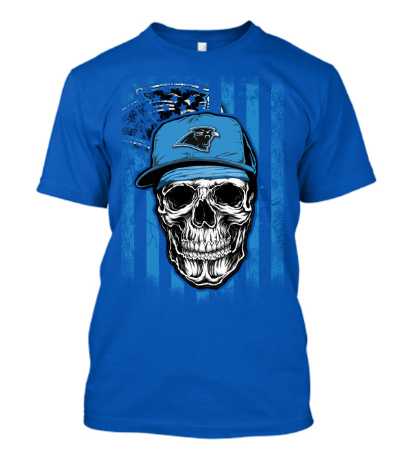 Skull With Carolina Panthers Cap And American Flag Elements T-Shirt
