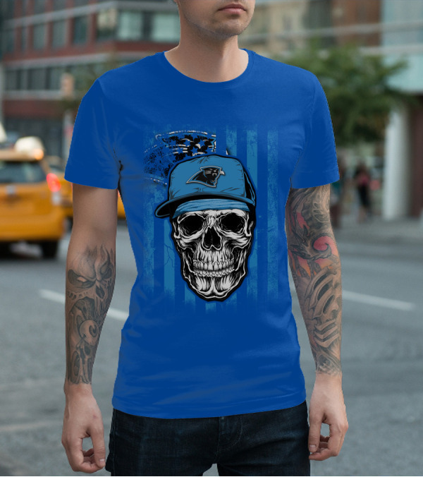 Skull With Carolina Panthers Cap And American Flag Elements T-Shirt