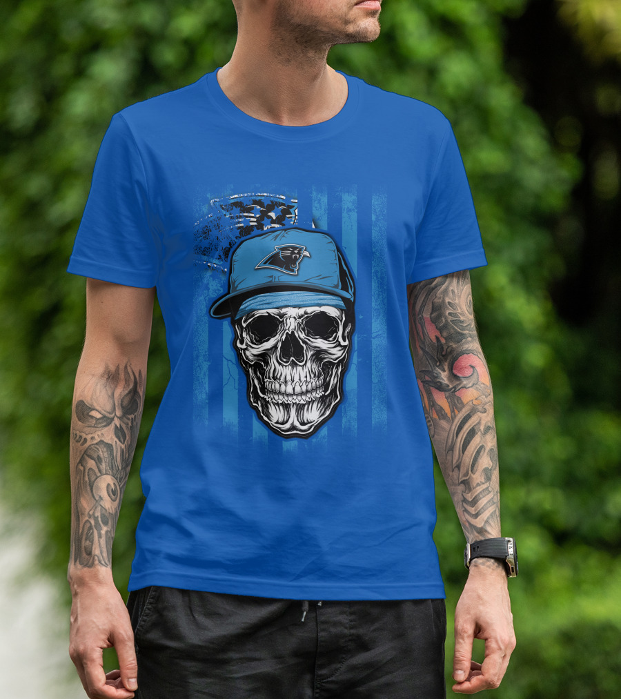 Skull With Carolina Panthers Cap And American Flag Elements T-Shirt