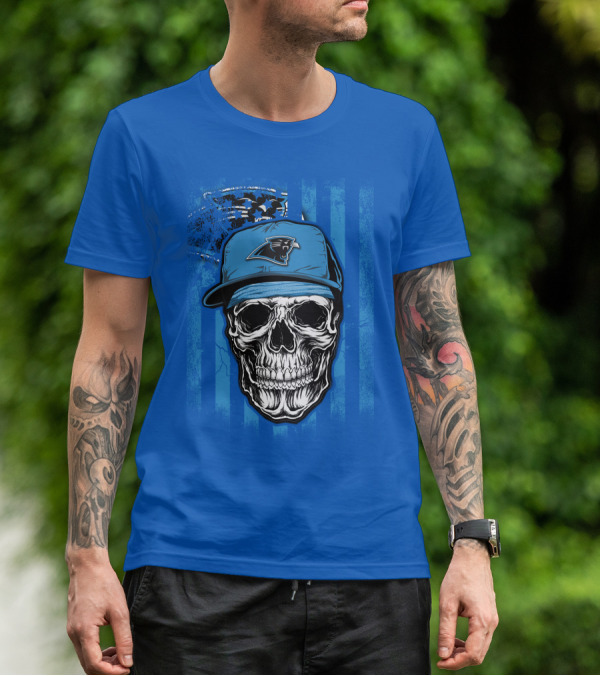 Skull With Carolina Panthers Cap And American Flag Elements T-Shirt