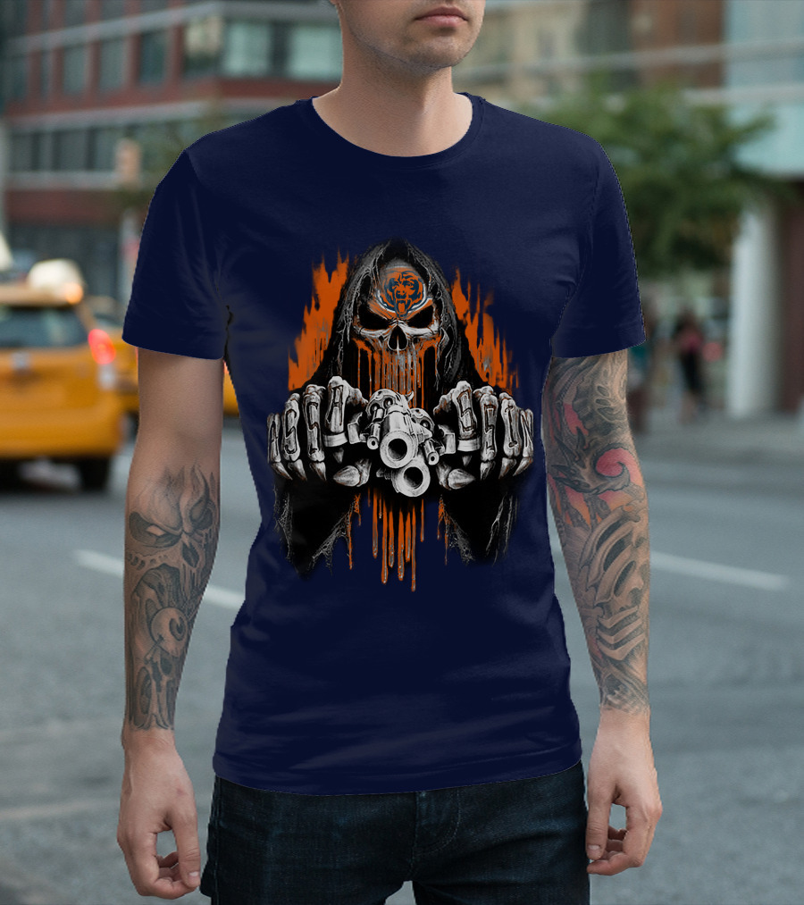 Chicago Bears Grim Reaper Skull With Orange Flames And Skull Knuckles T-Shirt