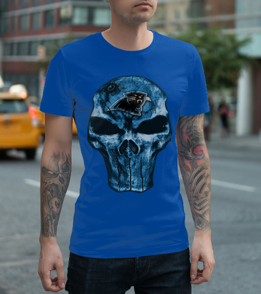 Skull With Carolina Panthers Emblem On Blue T-Shirt