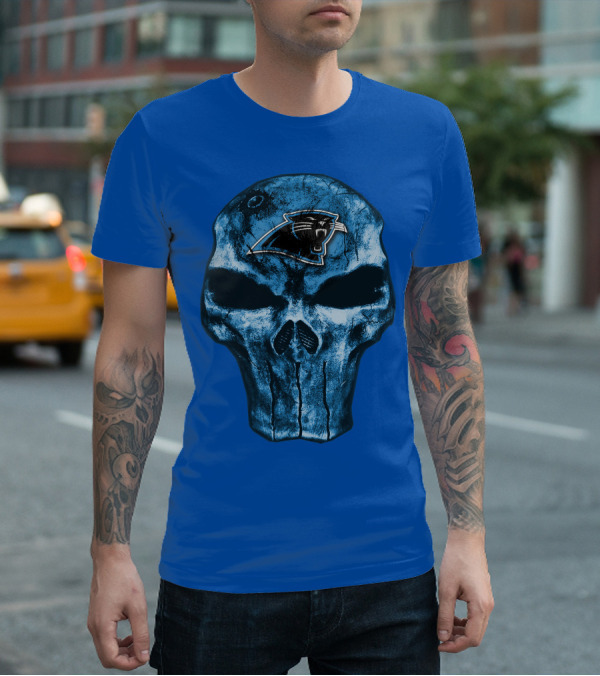 Skull With Carolina Panthers Emblem On Blue T-Shirt