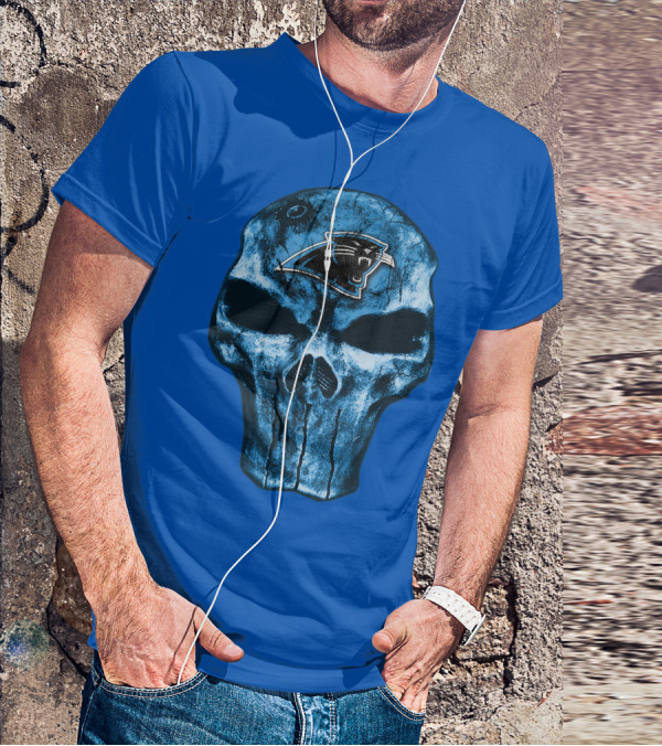 Skull With Carolina Panthers Emblem On Blue T-Shirt