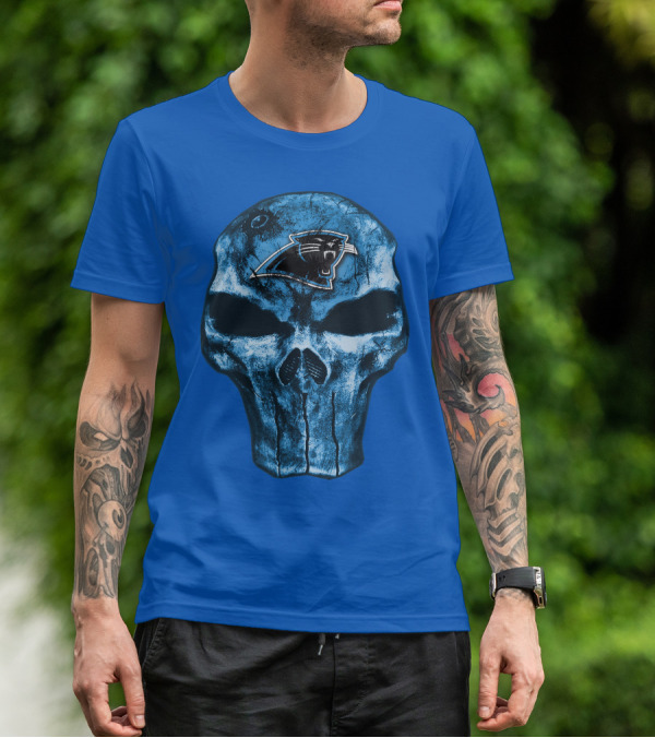 Skull With Carolina Panthers Emblem On Blue T-Shirt