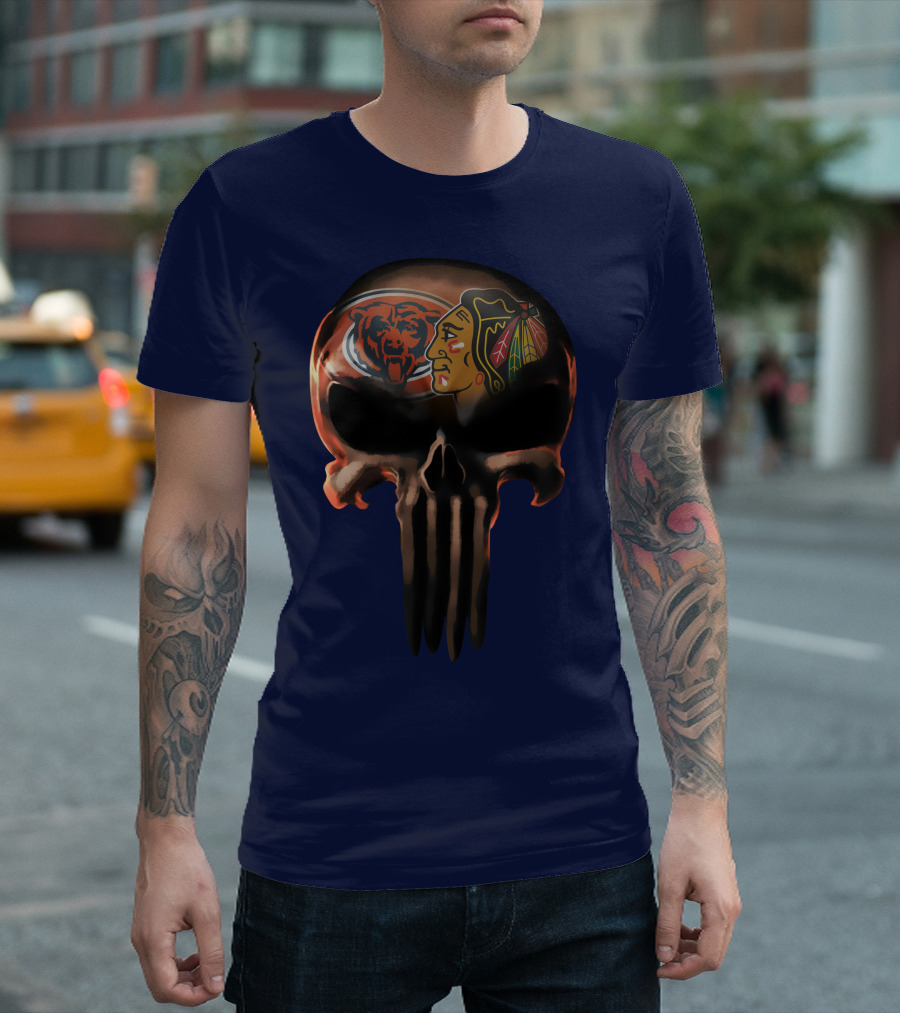 Chicago Bears 56 Skull Design With Nhl Blackhawks T-Shirt
