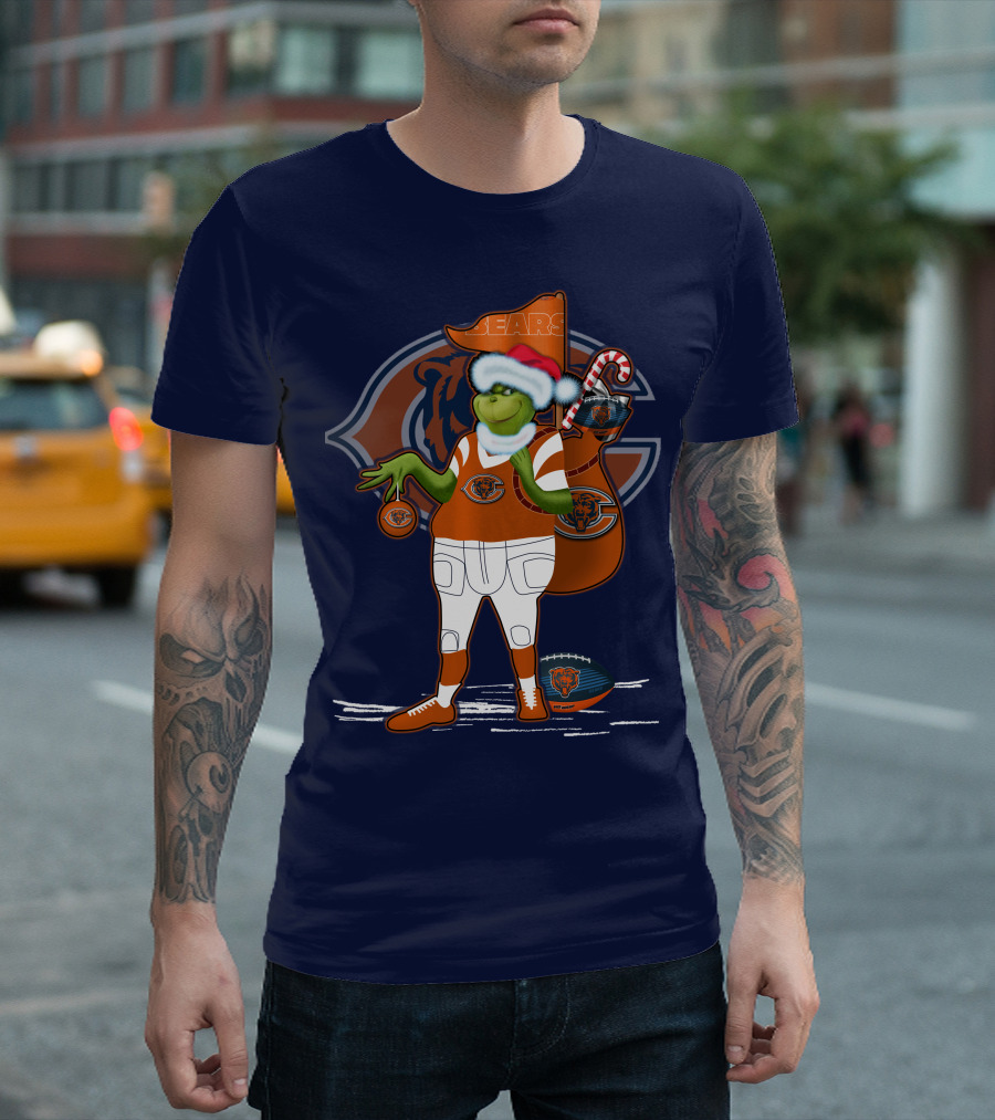 Grinchxmas Chicago Bears Holiday Football Fest With Bear In Santa Hat Holding Candy Cane And Ornament T-Shirt