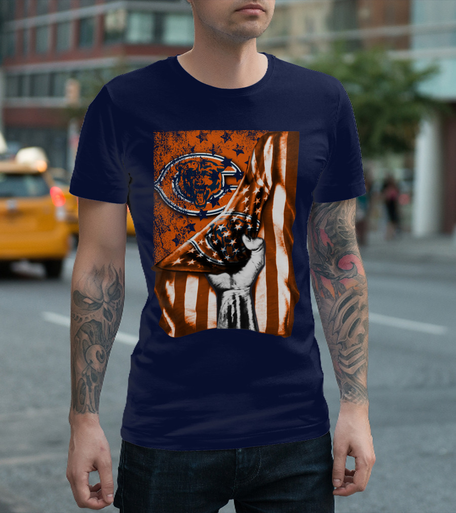 Hand Lifting American Flag Over CHICAGO BEARS T-Shirt