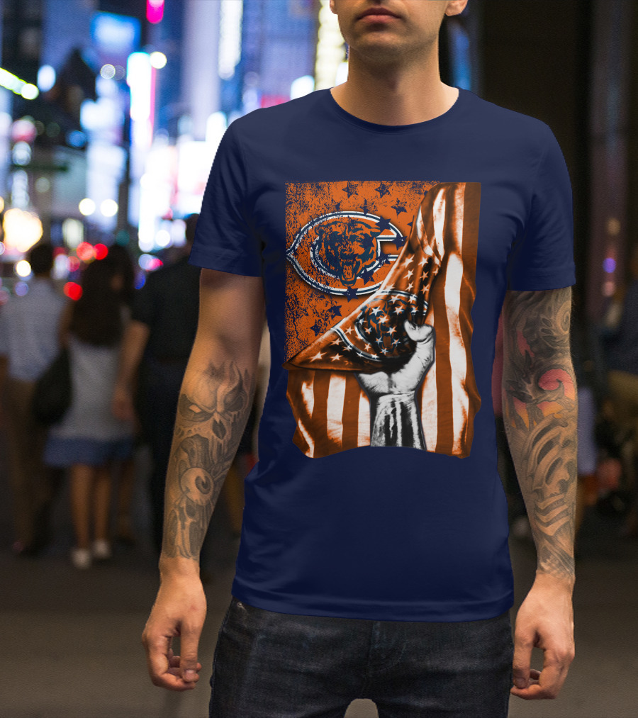 Hand Lifting American Flag Over CHICAGO BEARS T-Shirt