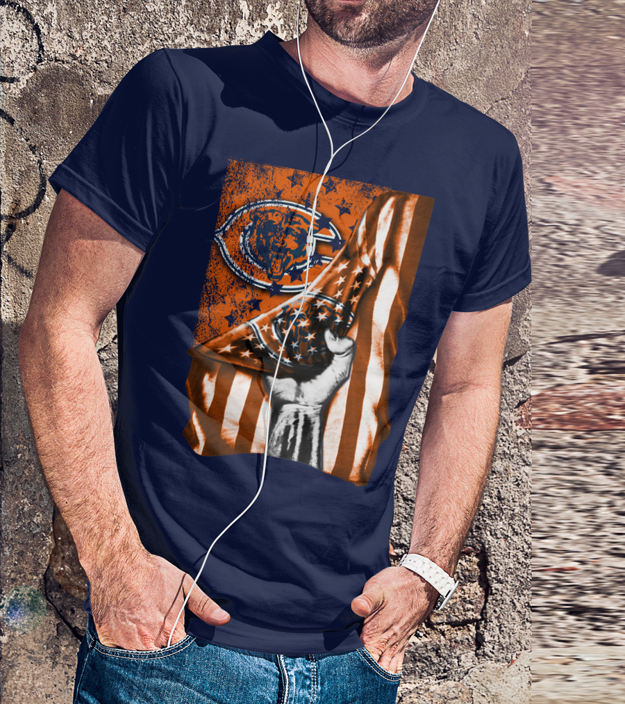 Hand Lifting American Flag Over CHICAGO BEARS T-Shirt