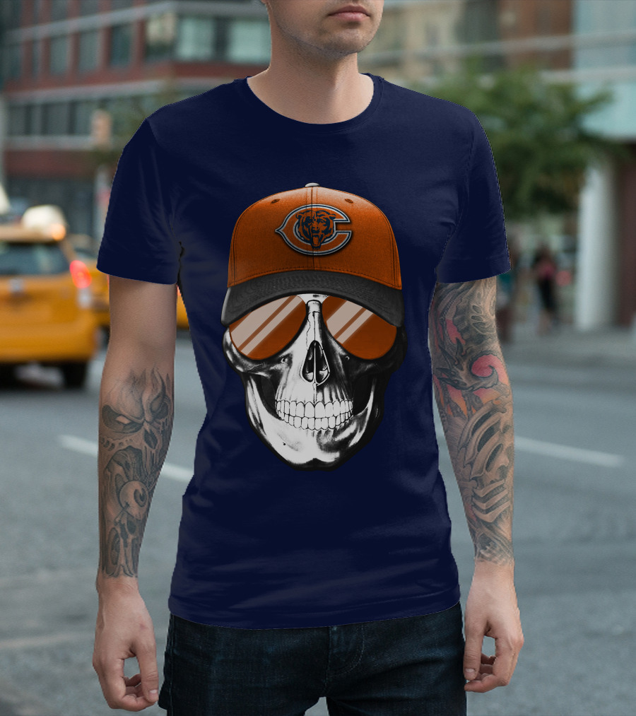 Skull V7 Chicago Bears Cap And Sunglasses T-Shirt