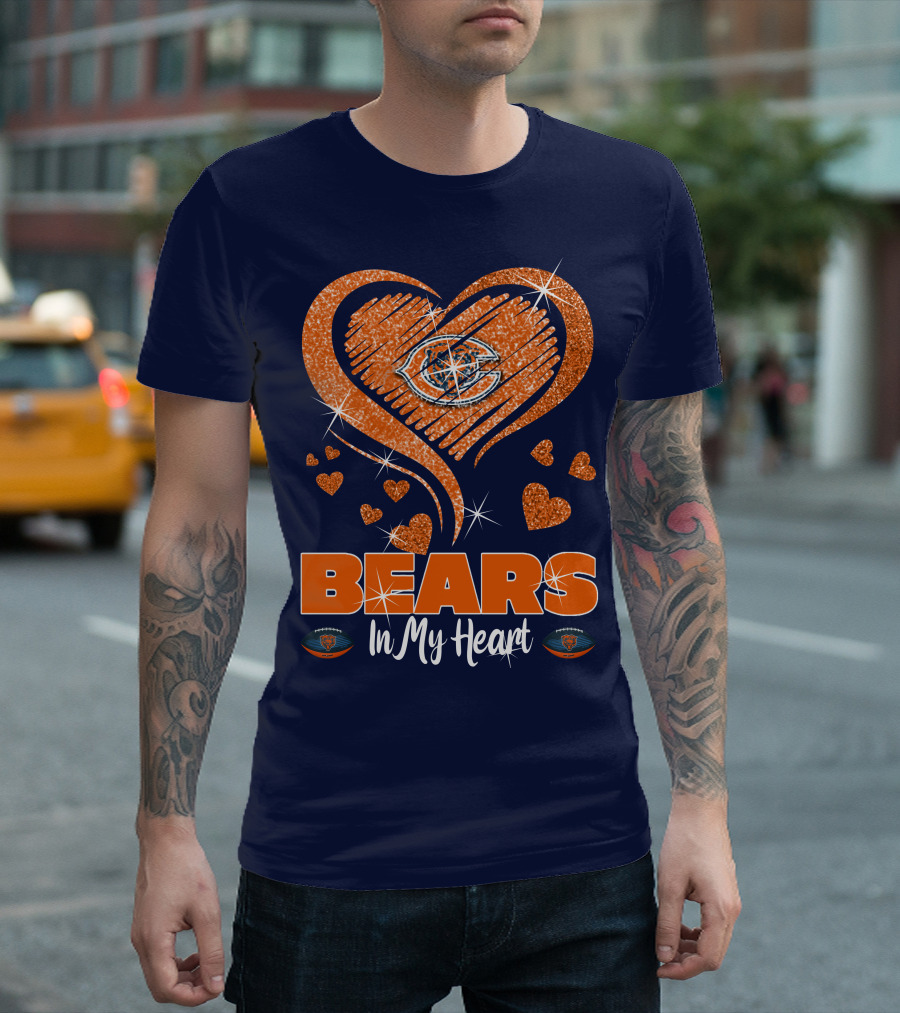 Bears In My Heart Chicago Bears Sparkling Hearts Navy Blue T-Shirt