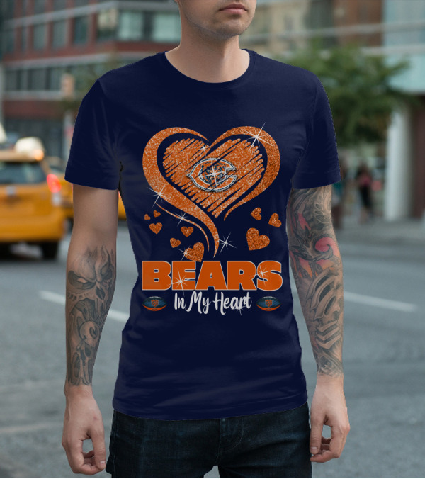 Bears In My Heart Chicago Bears Sparkling Hearts Navy Blue T-Shirt