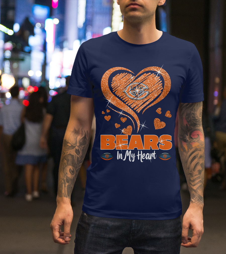 Bears In My Heart Chicago Bears Sparkling Hearts Navy Blue T-Shirt