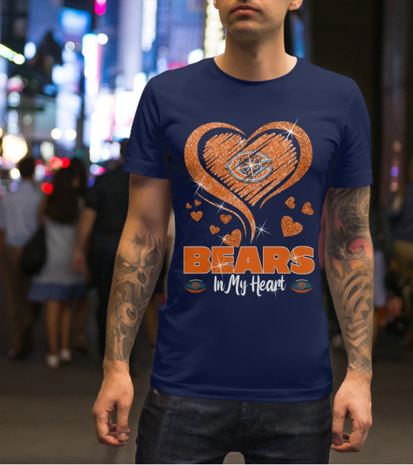 Bears In My Heart Chicago Bears Sparkling Hearts Navy Blue T-Shirt