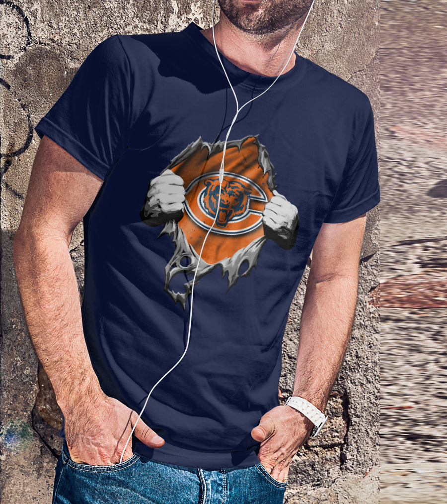 Torn Chicago Bears Emblem Revealed Through Ripped Fabric T-Shirt