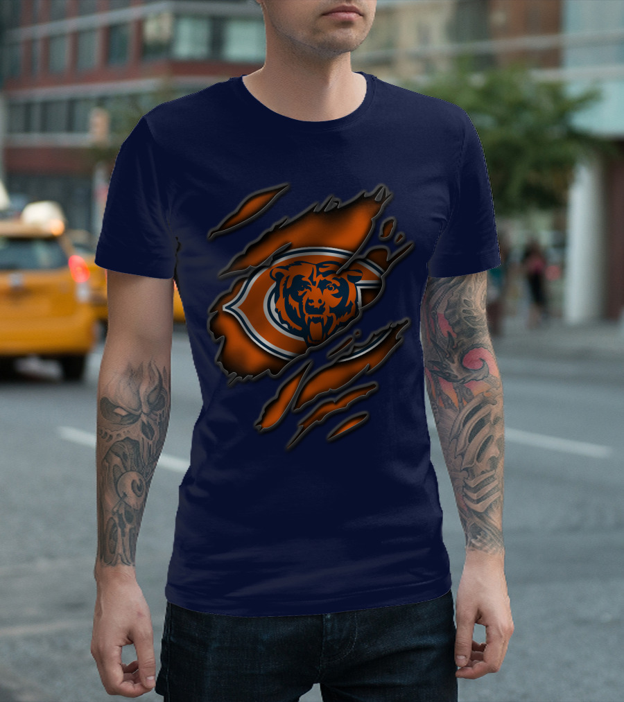 Torn Chicago Bears Logo with Bear Face and Claw Marks T-Shirt