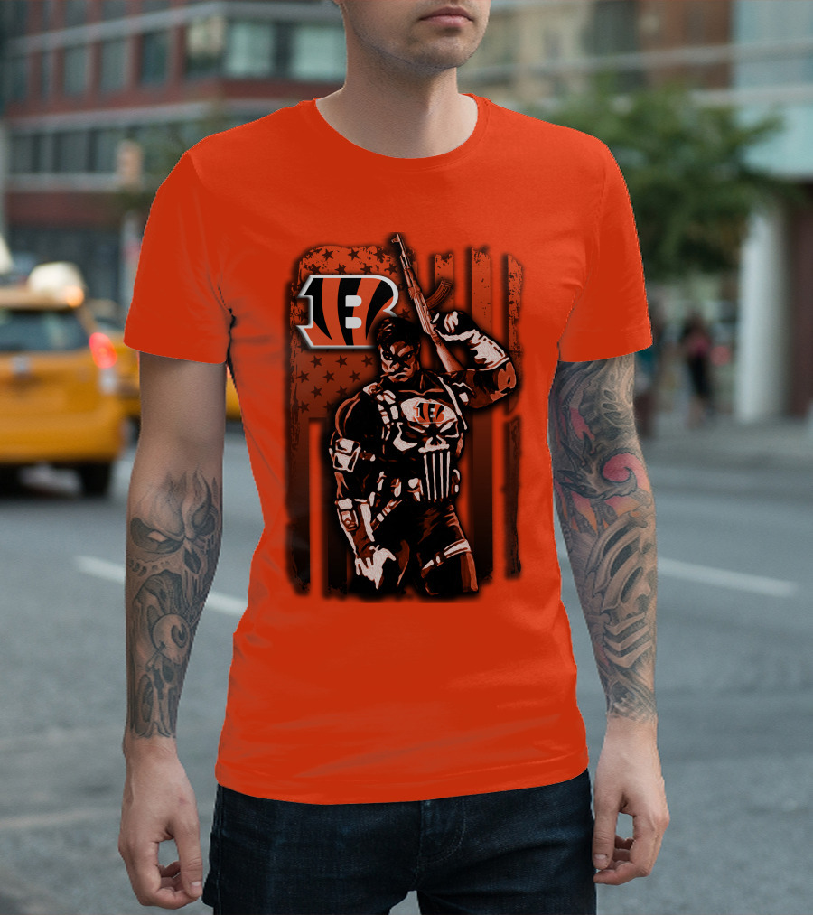 Cincinnati Bengals Punisher American Flag Retro Style T-Shirt