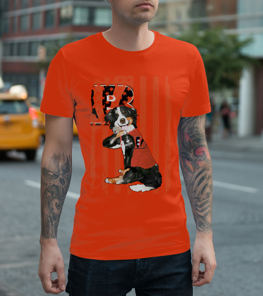 Border Collie I Love Mom Cincinnati Bengals B Retro American Flag T-Shirt