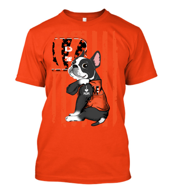 Boston Terrier Cincinnati Bengals B Stripes I Love Mom Football Fan Dog T-Shirt