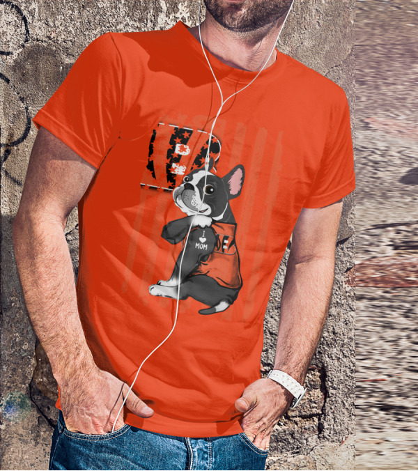 Boston Terrier Cincinnati Bengals B Stripes I Love Mom Football Fan Dog T-Shirt