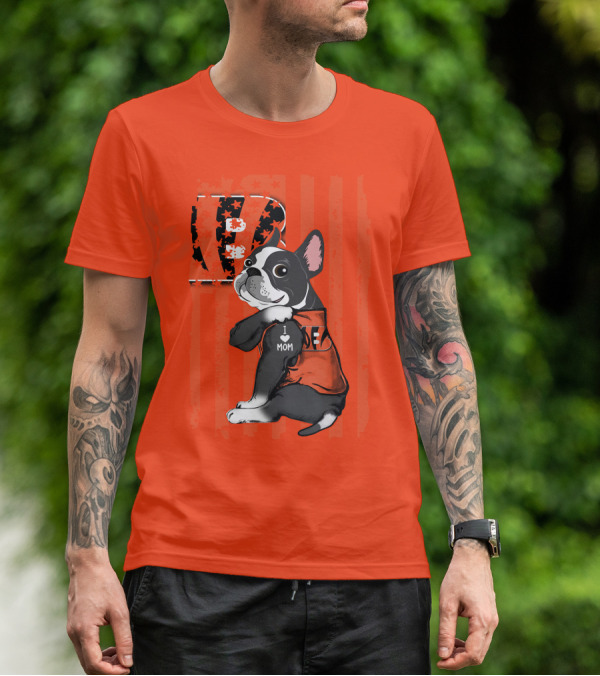 Boston Terrier Cincinnati Bengals B Stripes I Love Mom Football Fan Dog T-Shirt