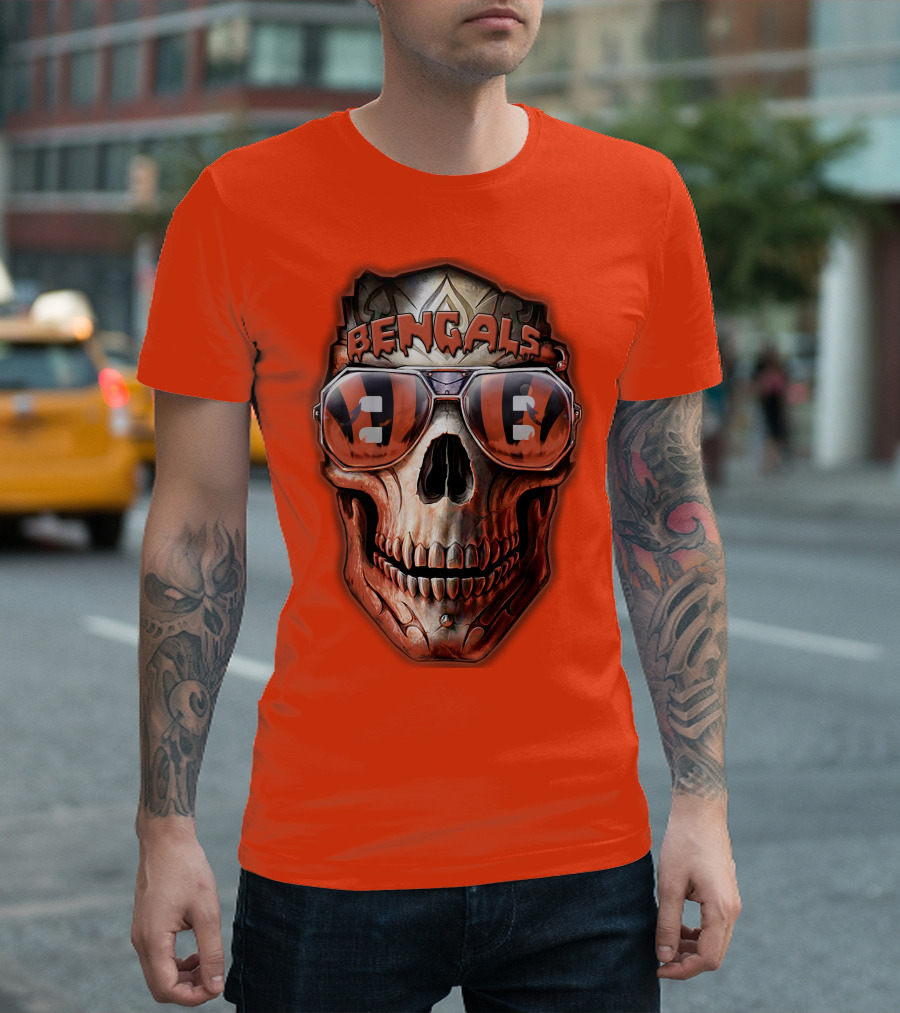 Bengals Skull Sunglasses 38 Orange T-Shirt