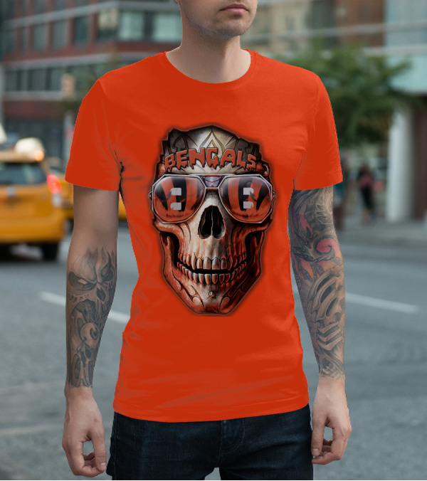 Bengals Skull Sunglasses 38 Orange T-Shirt